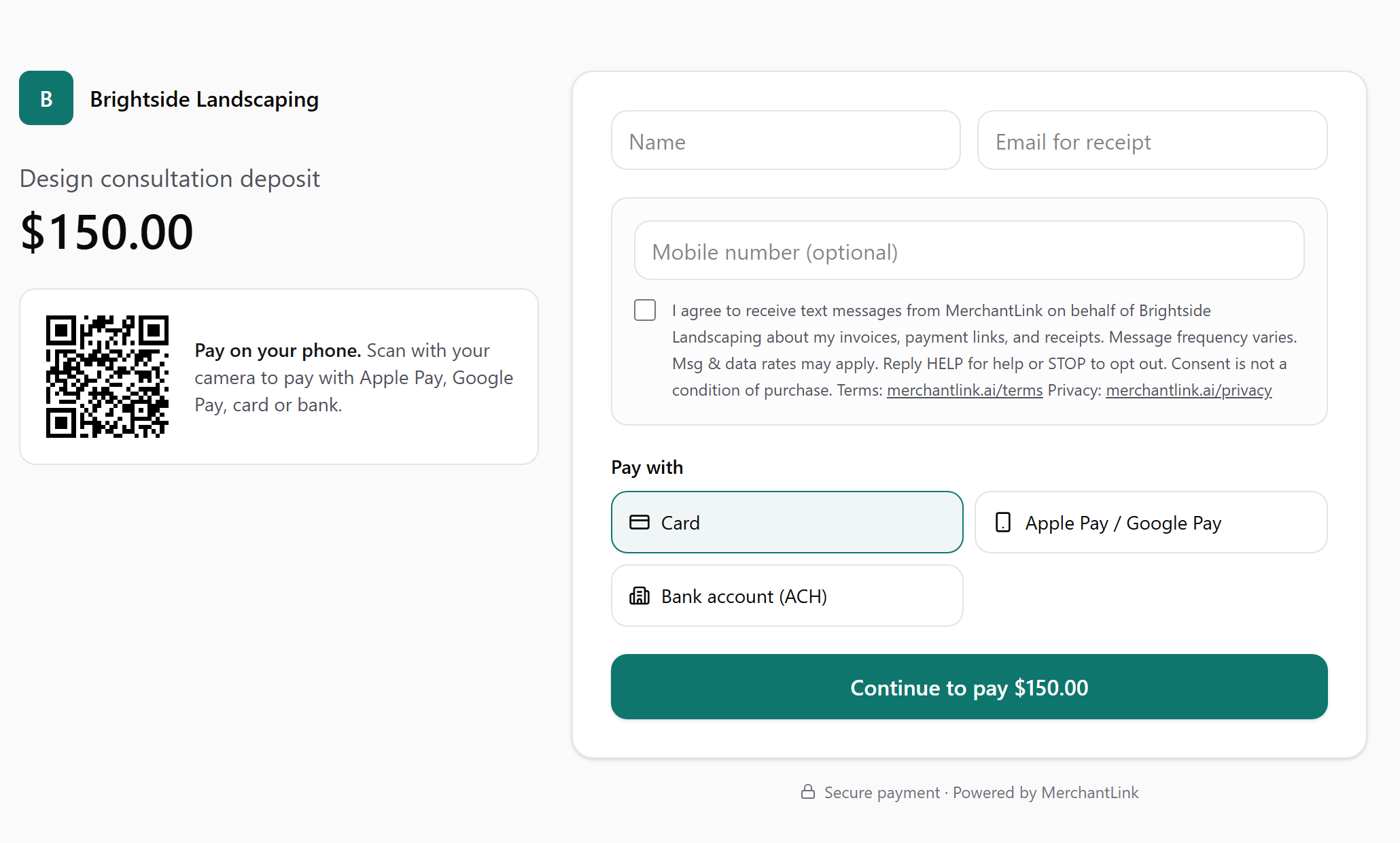 Screenshot of a MerchantLink payment page showing the optional mobile number field and the unchecked SMS consent checkbox above the payment options