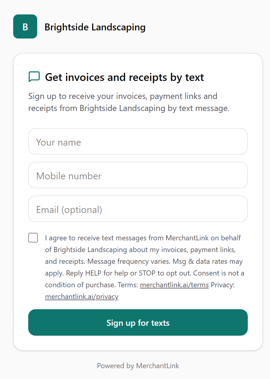 Screenshot of a merchant's MerchantLink text sign-up form with name, mobile number, optional email and the unchecked SMS consent checkbox